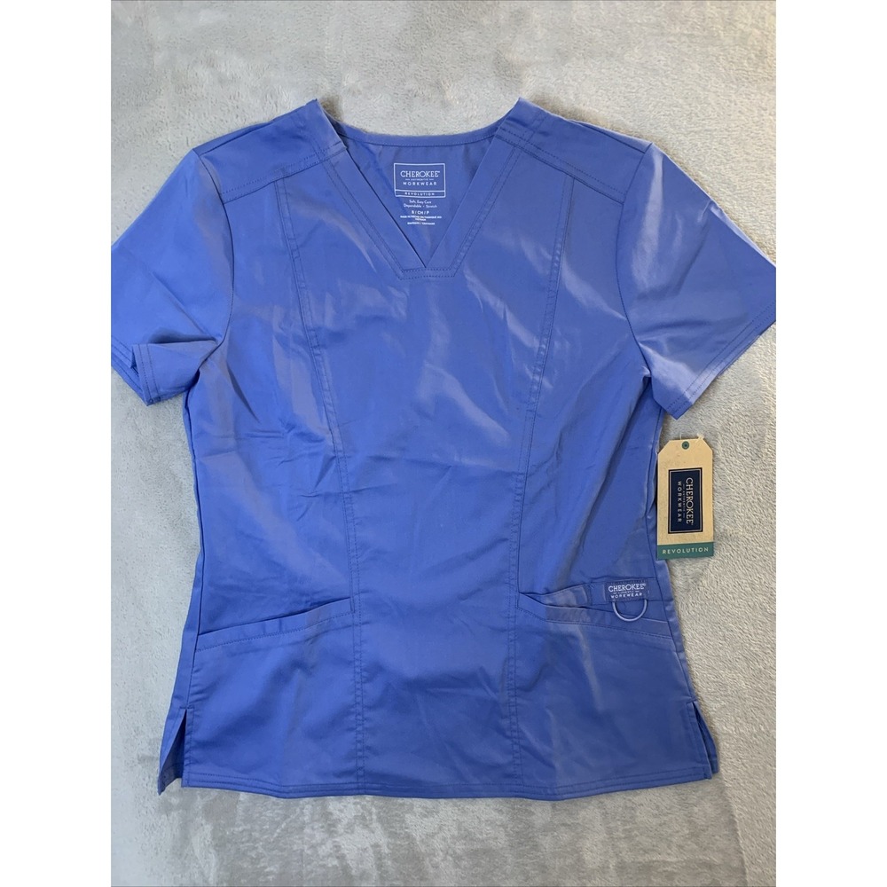 Cherokee Authentic New Women Scrub Top V-Neck Ciel Blue Small 3 Pockets